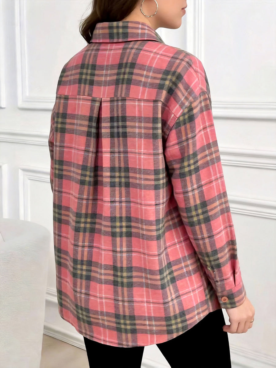 Damen Kariertes Hemd Langarm Button-Down Bluse mit Brusttasche
