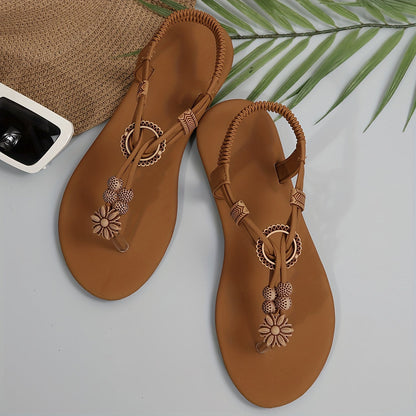Damen Boho Sandalen mit Blüten- und Perlenverzierung – Bequeme Zehentrenner für Alltag und Urlaub