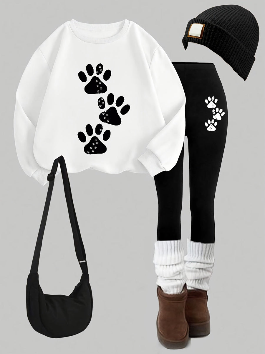Damen Sweatshirt und Leggings Set mit Pfotenabdruck Print