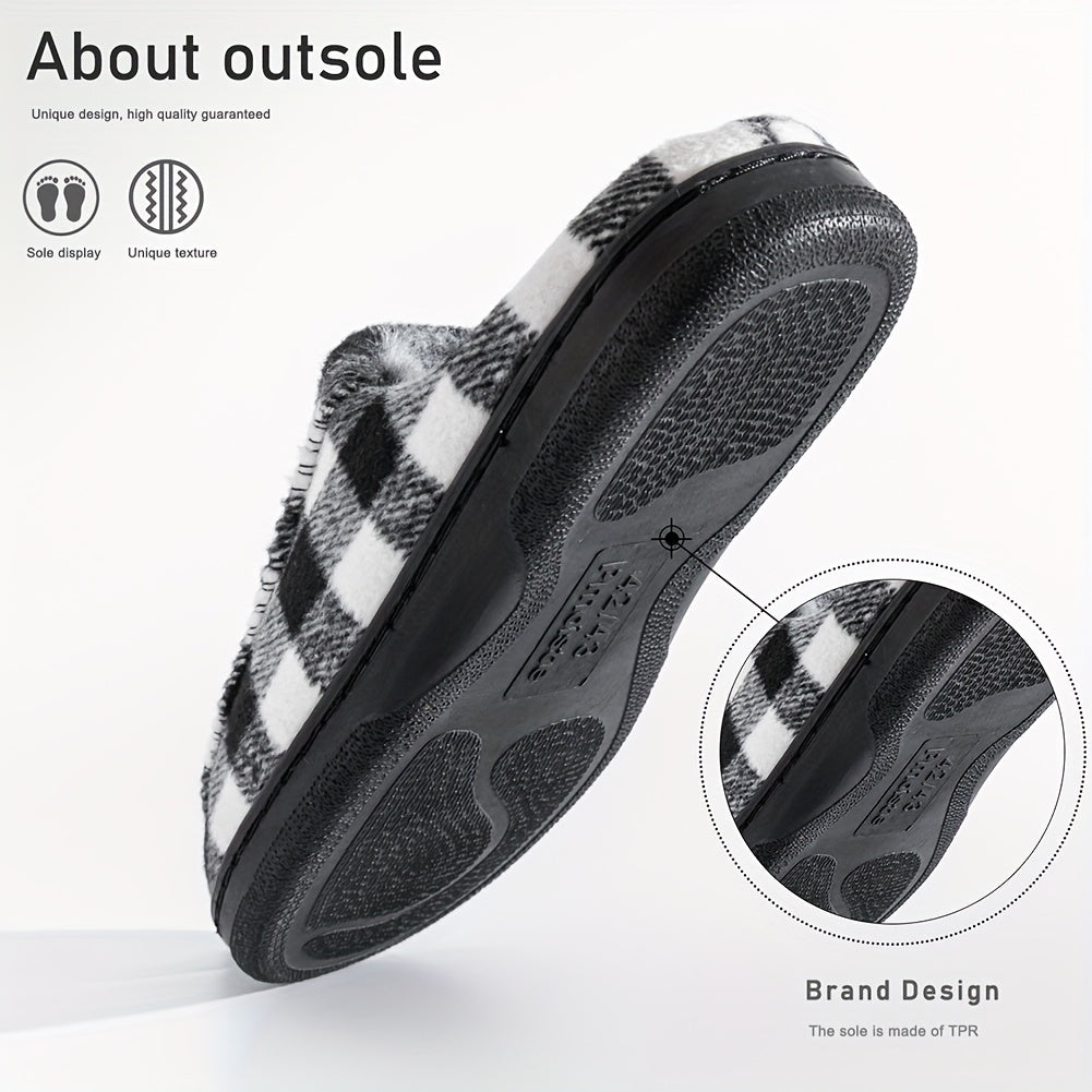 Unisex Hausschuhe Slipper Kariert Schwarz Weiß mit Plüschfutter