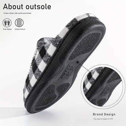 Unisex Hausschuhe Slipper Kariert Schwarz Weiß mit Plüschfutter