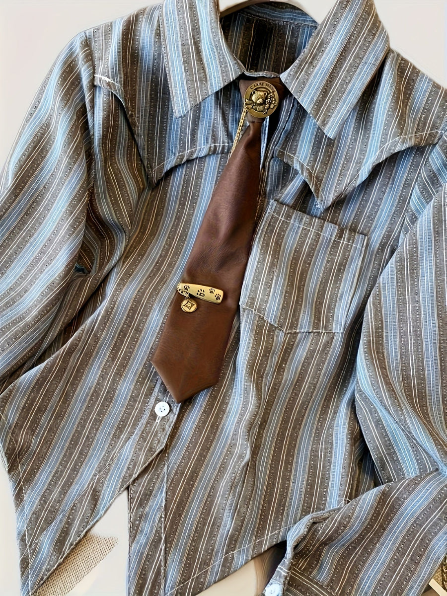 Gestreifte Bluse mit Spitzkragen und Krawatte, langärmelig, für Damen