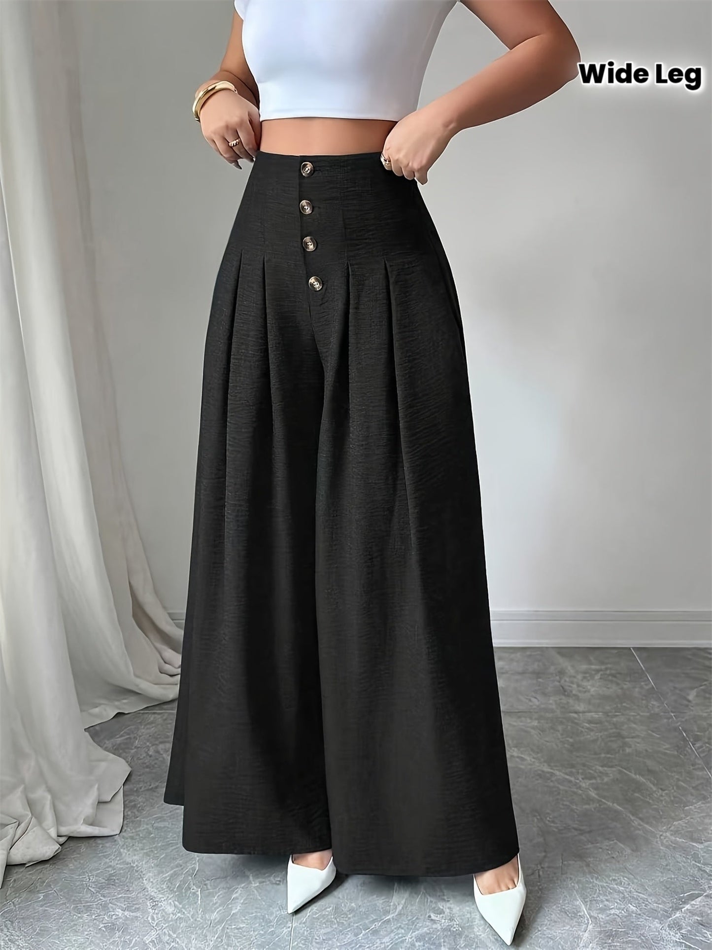 Damen Weite High-Waist-Hose mit Knopfdetails und Eleganten Falten – Modische Business & Freizeit Wide Leg Pants