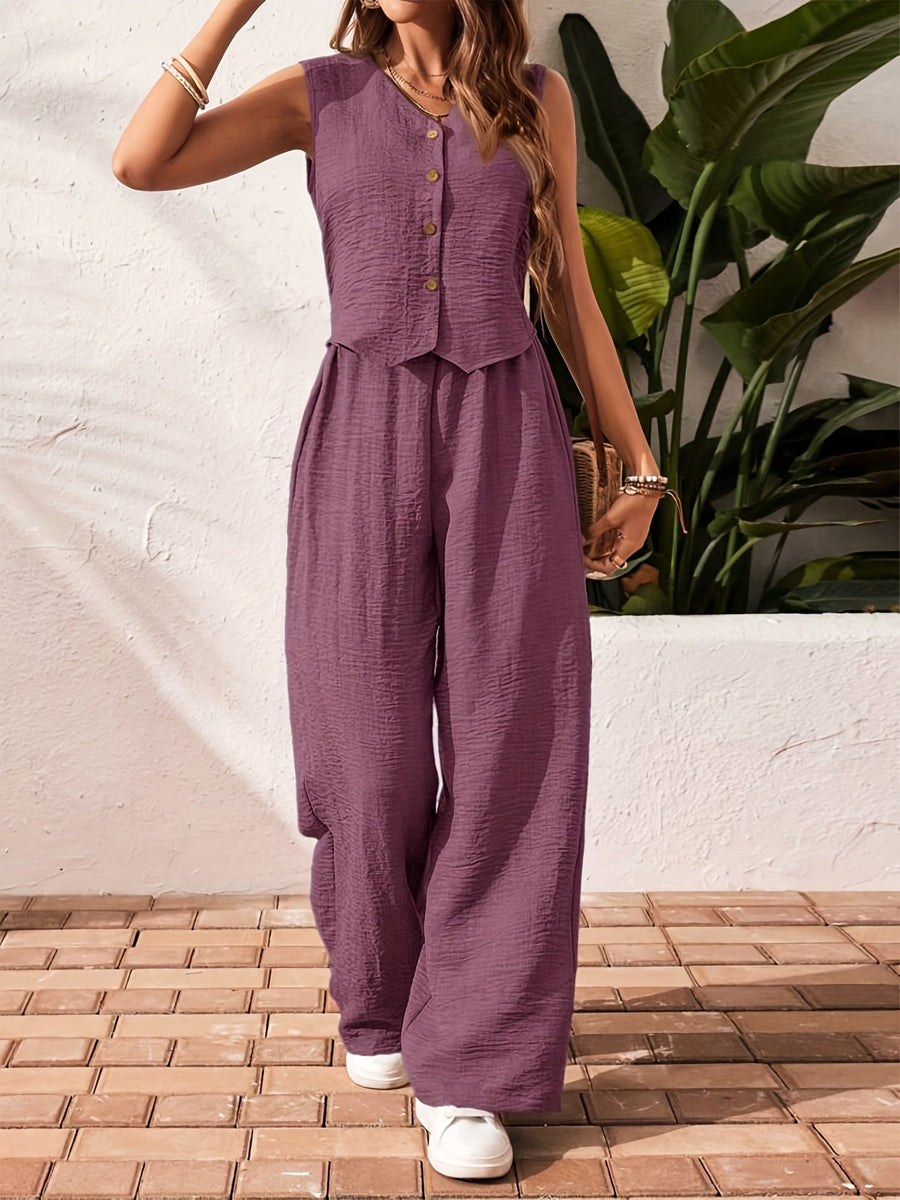 Damen Eleganter Zweiteiler Jumpsuit mit Weste und Weiten Hosen – Freizeit & Sommer Outfit