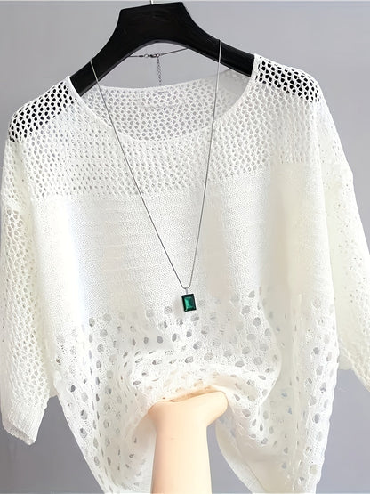 Damen Häkelshirt im Boho-Stil – Locker geschnittenes Strickoberteil mit geometrischem Muster