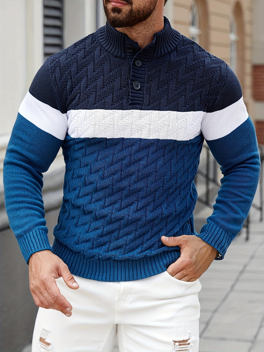 Herren Strickpullover mit Stehkragen und Knopfleiste, Farbblock Design