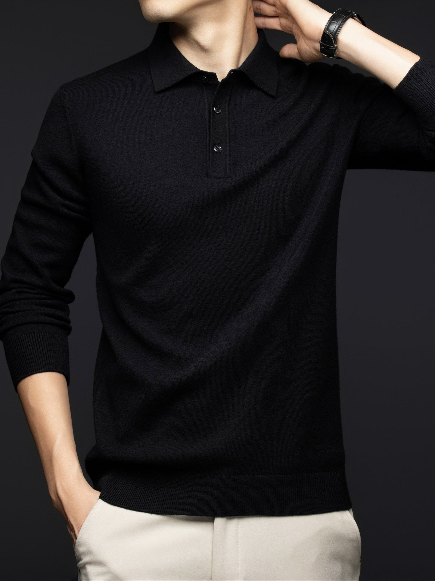 Herren Langarm Polohemd Strickpullover mit Knopfleiste