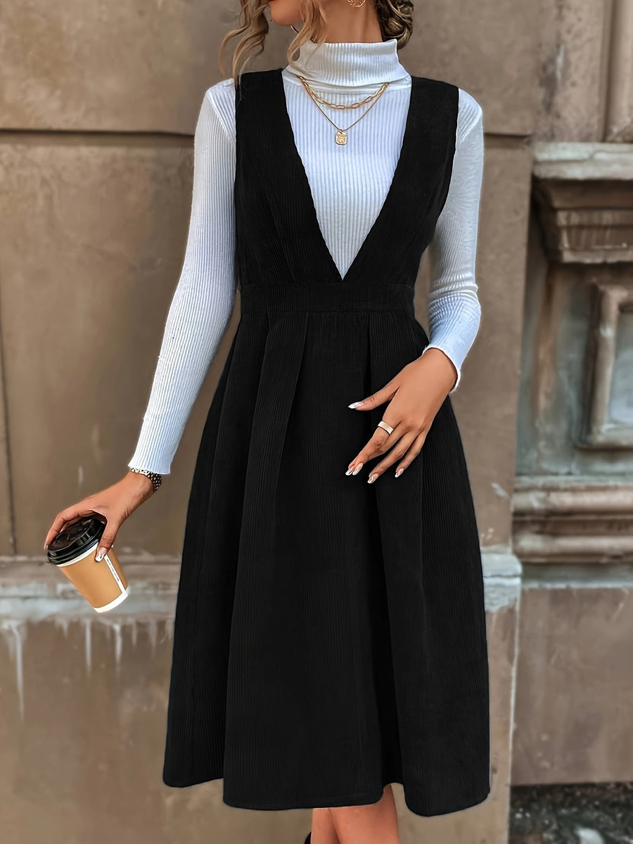Damen Latzkleid Kord Midi Tief V-Ausschnitt Dunkelblau