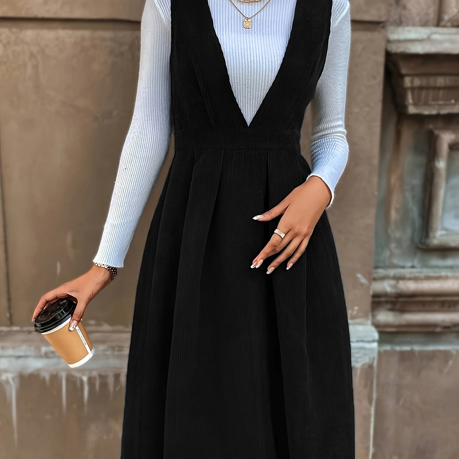 Damen Latzkleid Kord Midi Tief V-Ausschnitt Dunkelblau