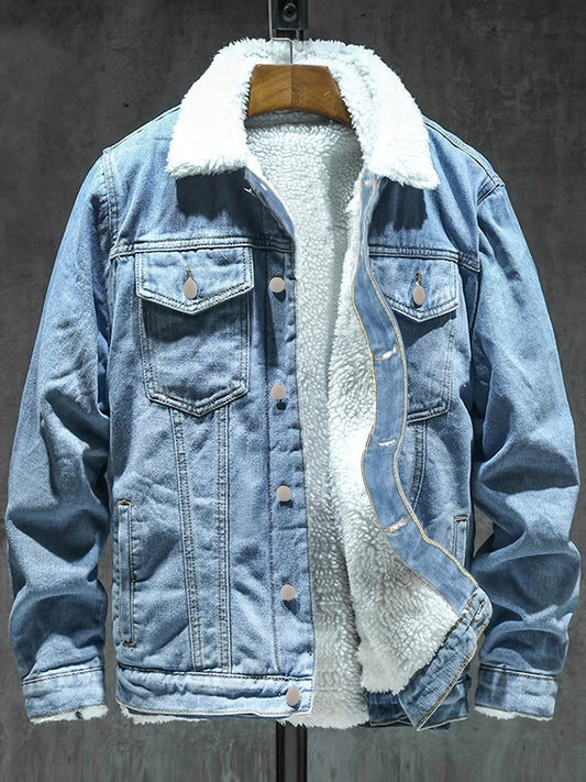 Jeansjacke Herren gefüttert mit Fellkragen Hellblau Winterjacke Baumwoll-Mix