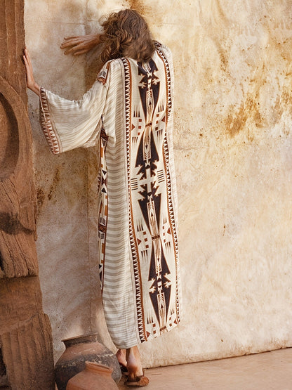 Damen Maxikleid mit Ethno-Muster – Boho Style, Eleganter Kaftan für Urlaub & Strand