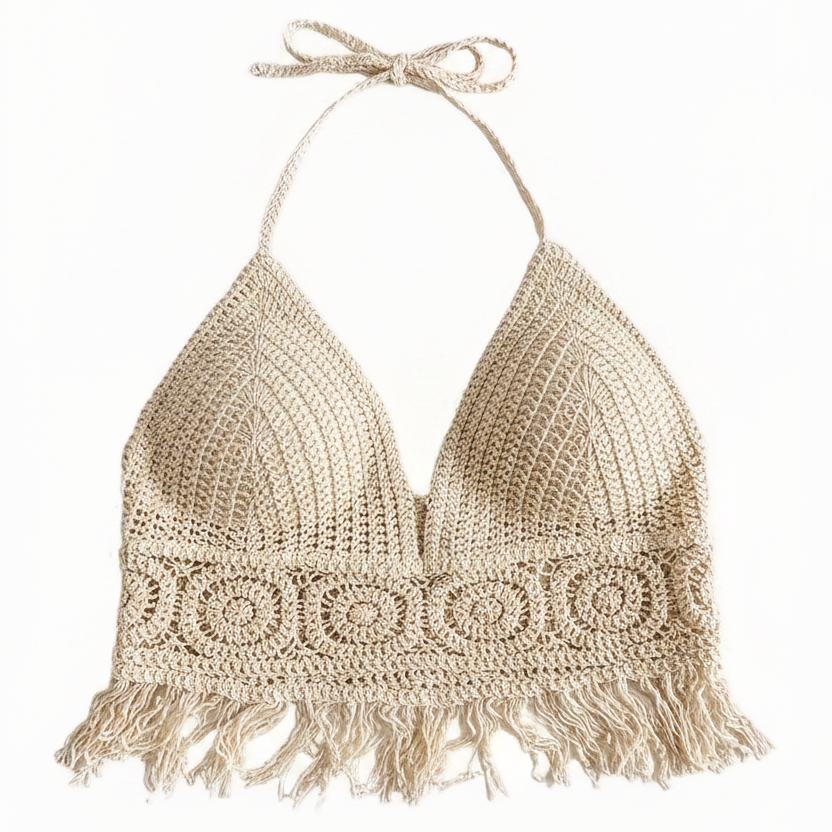 Damen Häkel-Halftertop im Boho-Stil für Sommer und Festivals