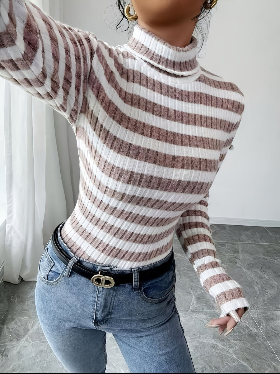 Damen Rollkragenpullover gestreift, Rippstrick, Langarm