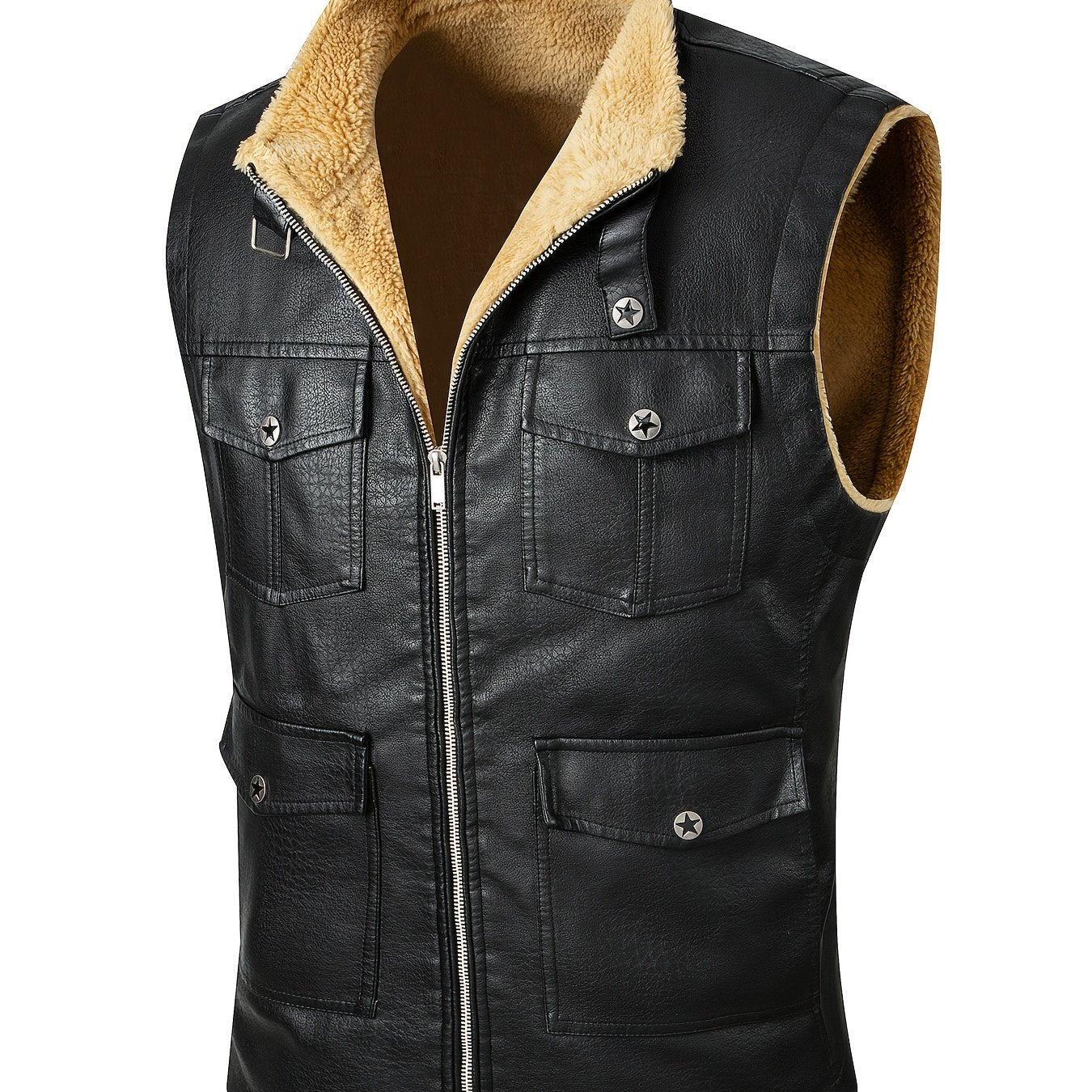 Herren Weste im Lederlook mit Teddyfutter und Reißverschluss, Multi-Taschen Design