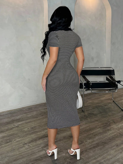 Damen Bodycon Polo-Midikleid mit Streifen – Eleganter Freizeit-Look mit sportlichem Kragen