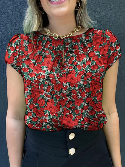 Damen Bluse mit floraler Musterung und kurzen Ärmeln – Eleganter, vielseitiger Style für Büro und Freizeit