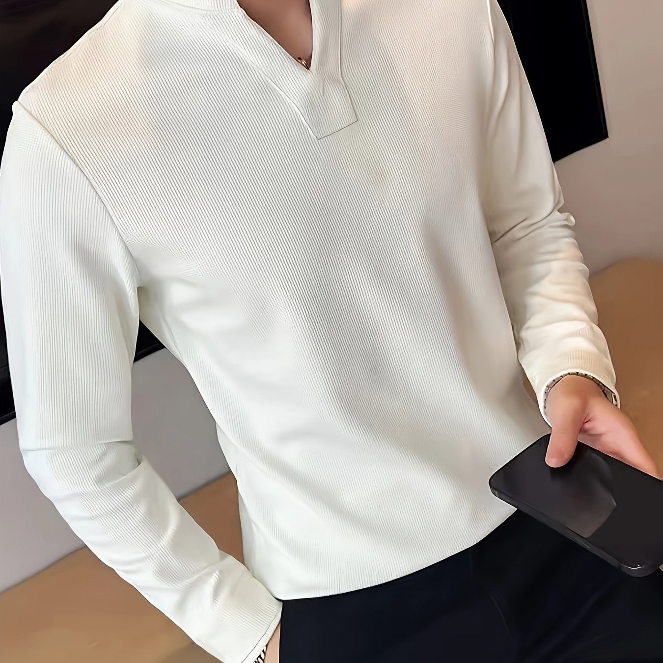 Herren Langarmshirt Henley Kragen Rippstruktur V-Ausschnitt Freizeit Business