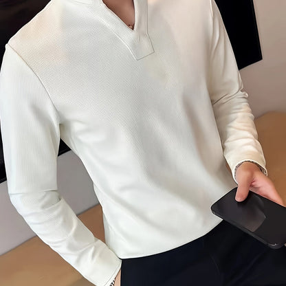 Herren Langarmshirt Henley Kragen Rippstruktur V-Ausschnitt Freizeit Business