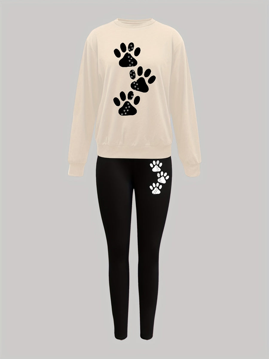 Damen Sweatshirt und Leggings Set mit Pfotenabdruck Print