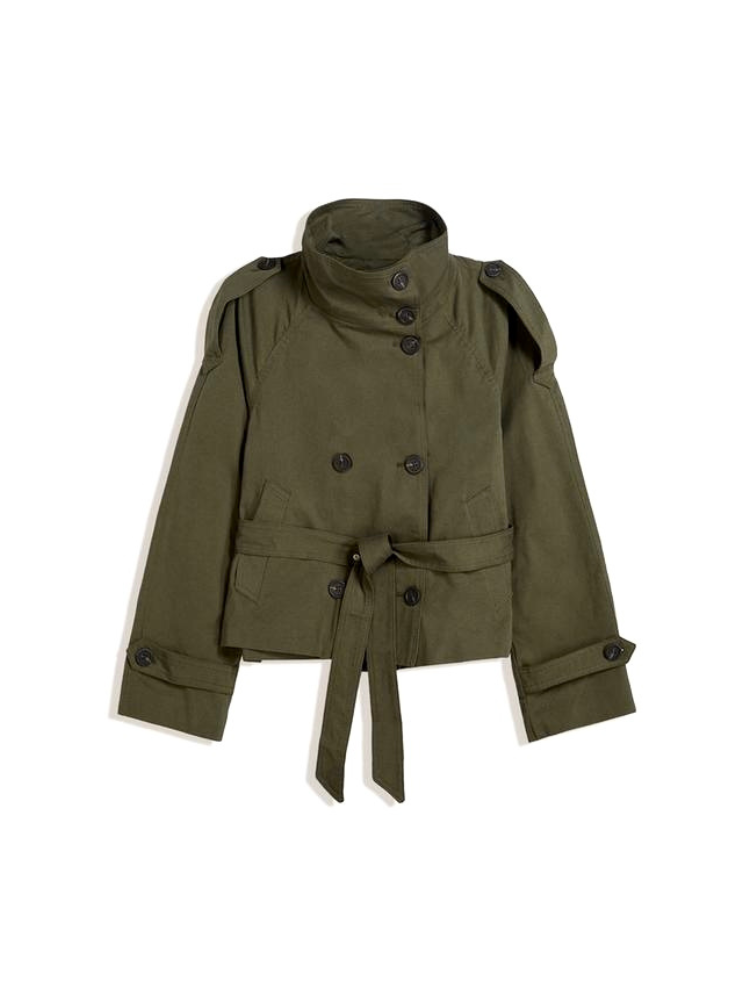 Kort damesjack in trenchcoatstijl met opstaande kraag en riem