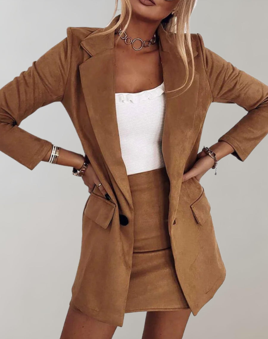 Damen Blazer & Minirock Set, Wildleder-Optik, Einreiher Jacke & Rock
