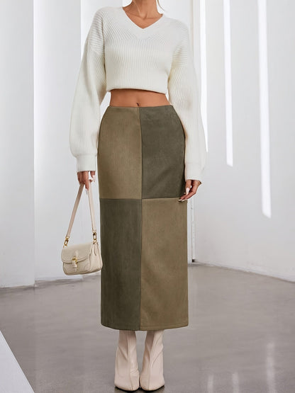 Damen Midi-Rock Patchwork A-Linie Zweifarbig mit hohem Bund