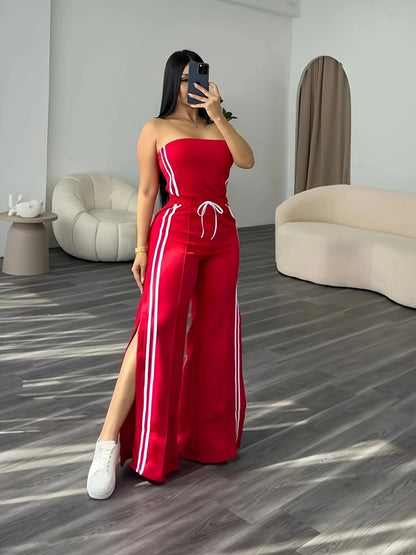 Damen Jumpsuit mit weitem Bein und sportlichem Streifen-Design – Modischer Freizeit Einteiler