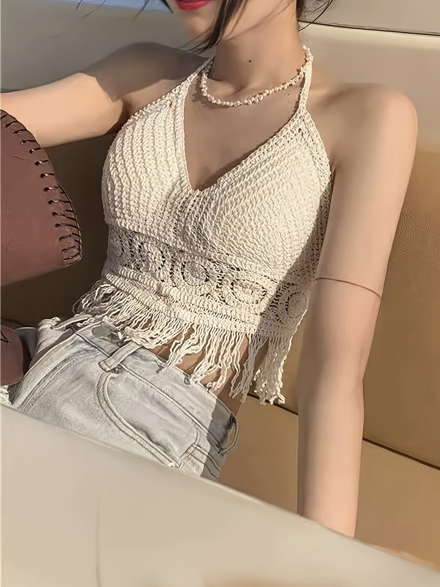 Damen Häkel-Halftertop im Boho-Stil für Sommer und Festivals