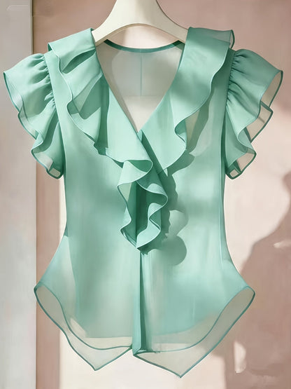 Damen Rüschenbluse mit V-Ausschnitt und Volantärmeln – Eleganter Stil für Büro und besondere Anlässe