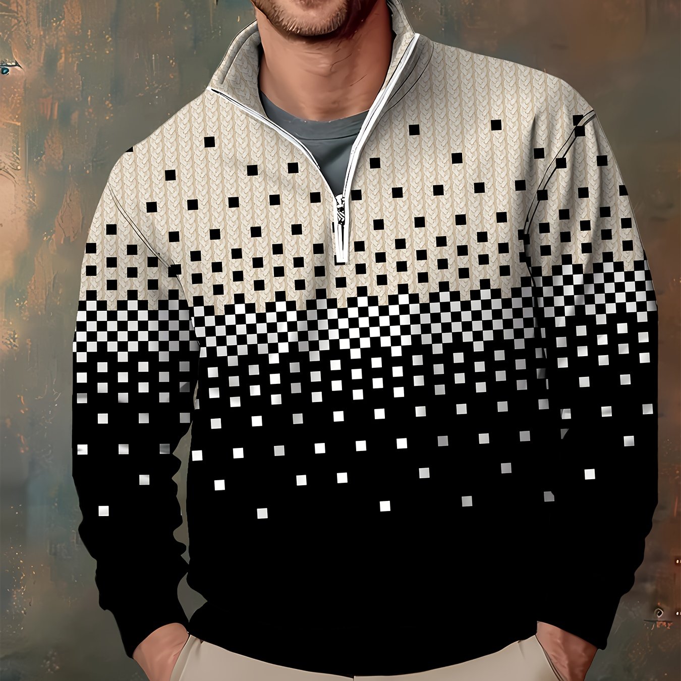 Herren Halb-Reißverschluss Pullover Strickmuster Quadratmuster Ombre Schwarz