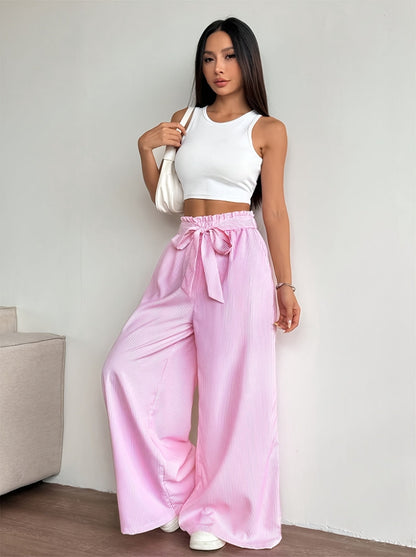 Damen Weite High-Waist Hose mit Schleifenbund und Streifen – Eleganter Alltags- und Freizeitstil