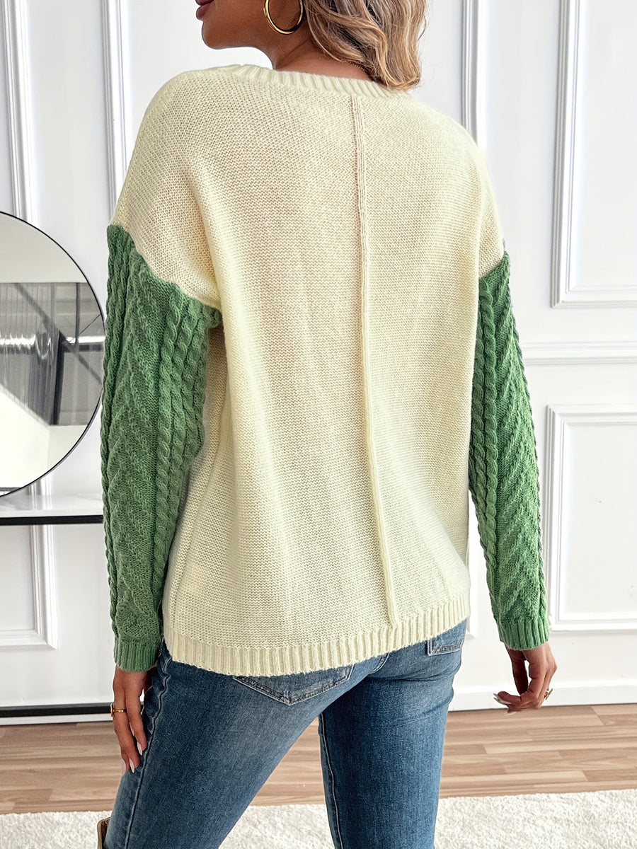 Dames gebreide trui met ronde hals, colorblock-vlechtpatroon en borstzak