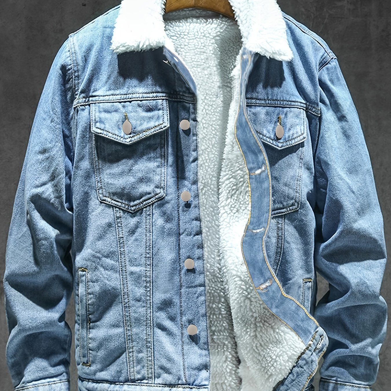 Jeansjacke Herren gefüttert mit Fellkragen Hellblau Winterjacke Baumwoll-Mix