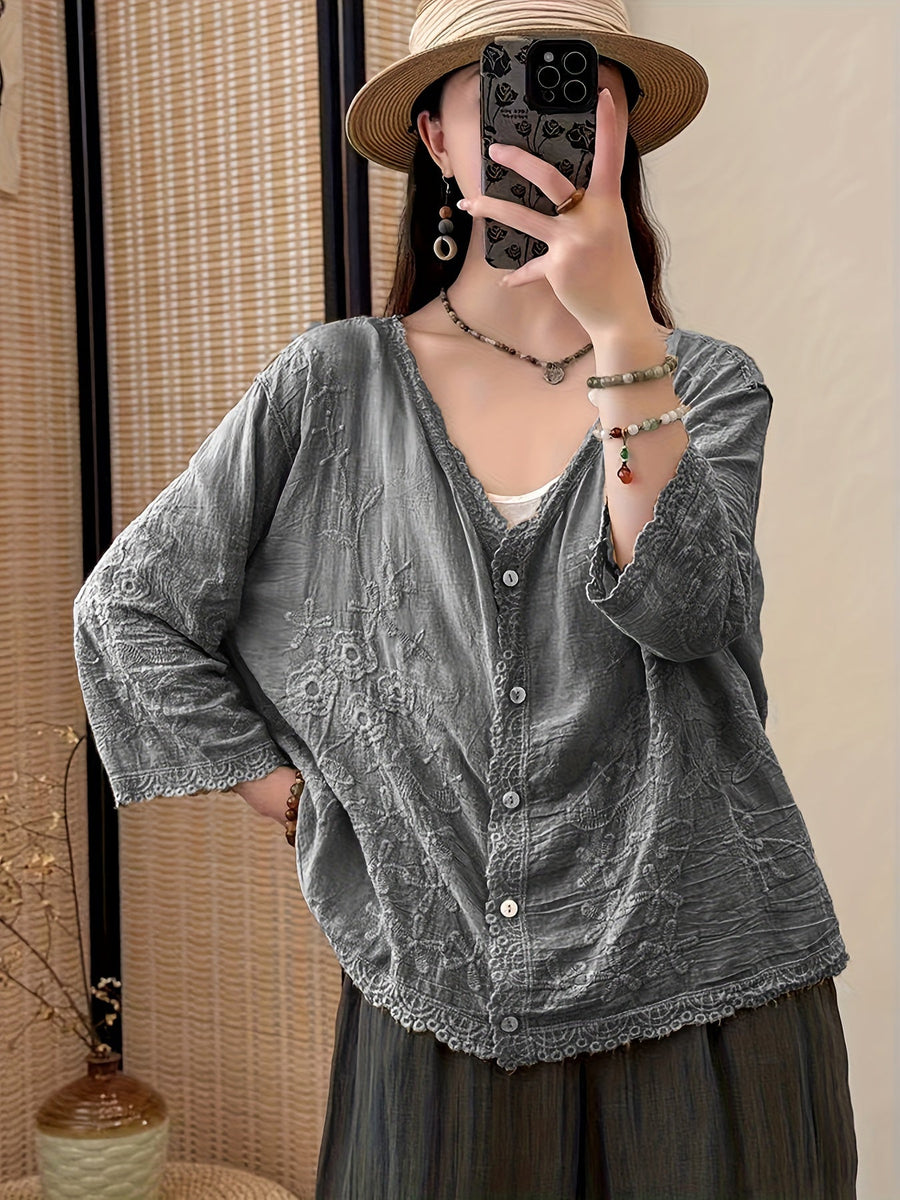 Damen Bluse Langarm V-Ausschnitt Bestickt mit Knopfleiste und Spitze