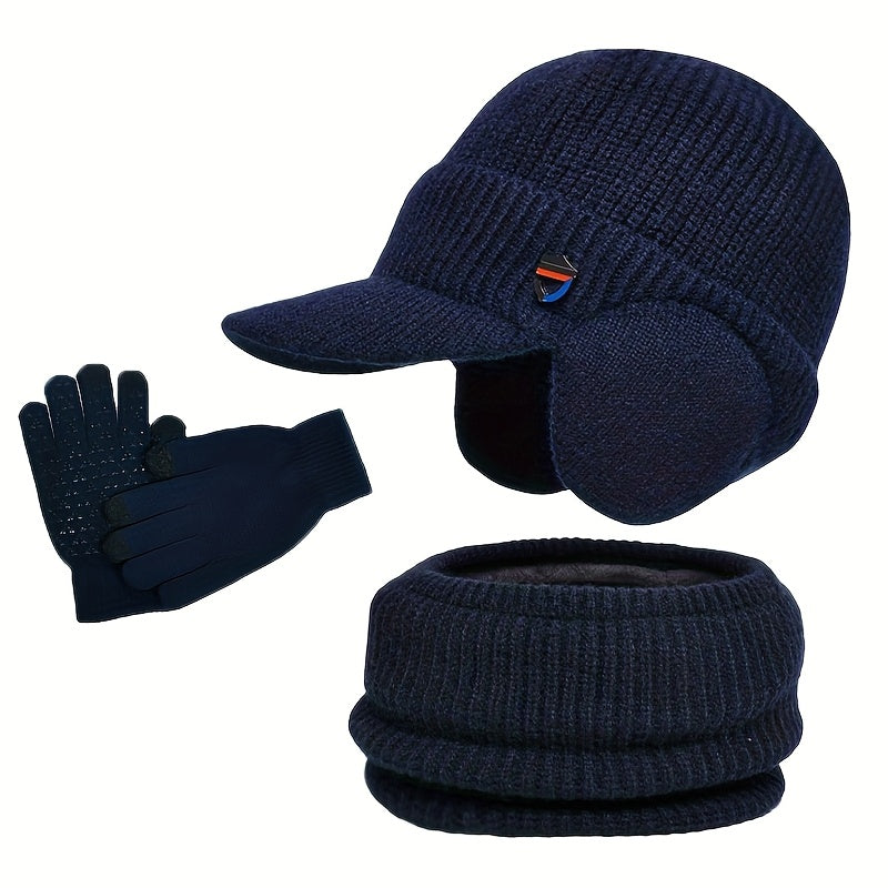 Set met gebreide wintermuts met klep en oorflappen, handschoenen en sjaal