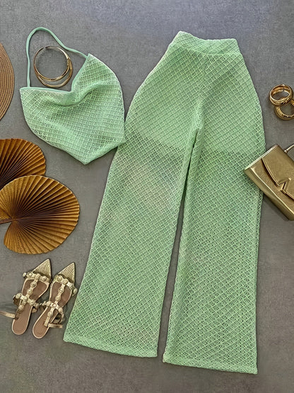 Damen Zweiteiler Set – Elegantes Netz-Top und Weitbeinige Hose für Urlaub & Strand