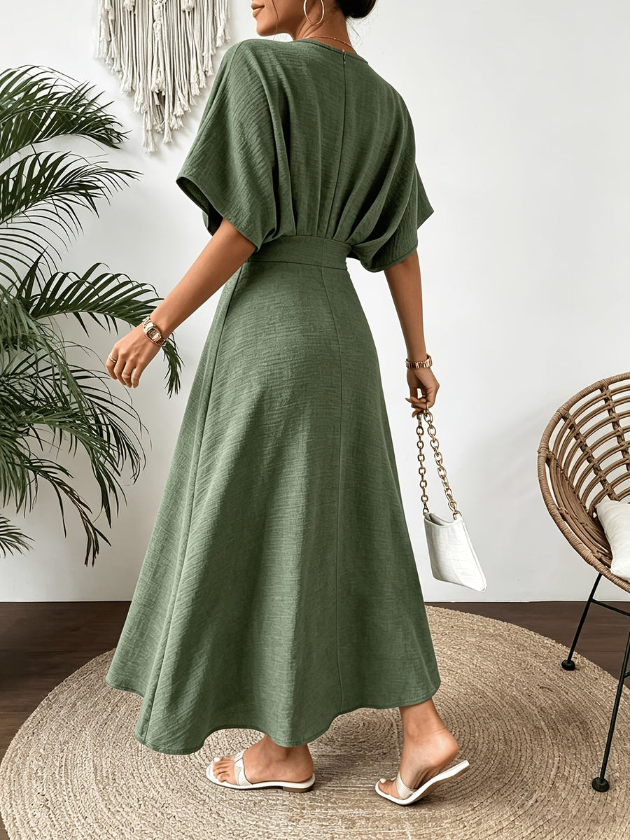 Damen Midi Kleid mit V-Ausschnitt & Fledermausärmeln, Tailliert, Grün