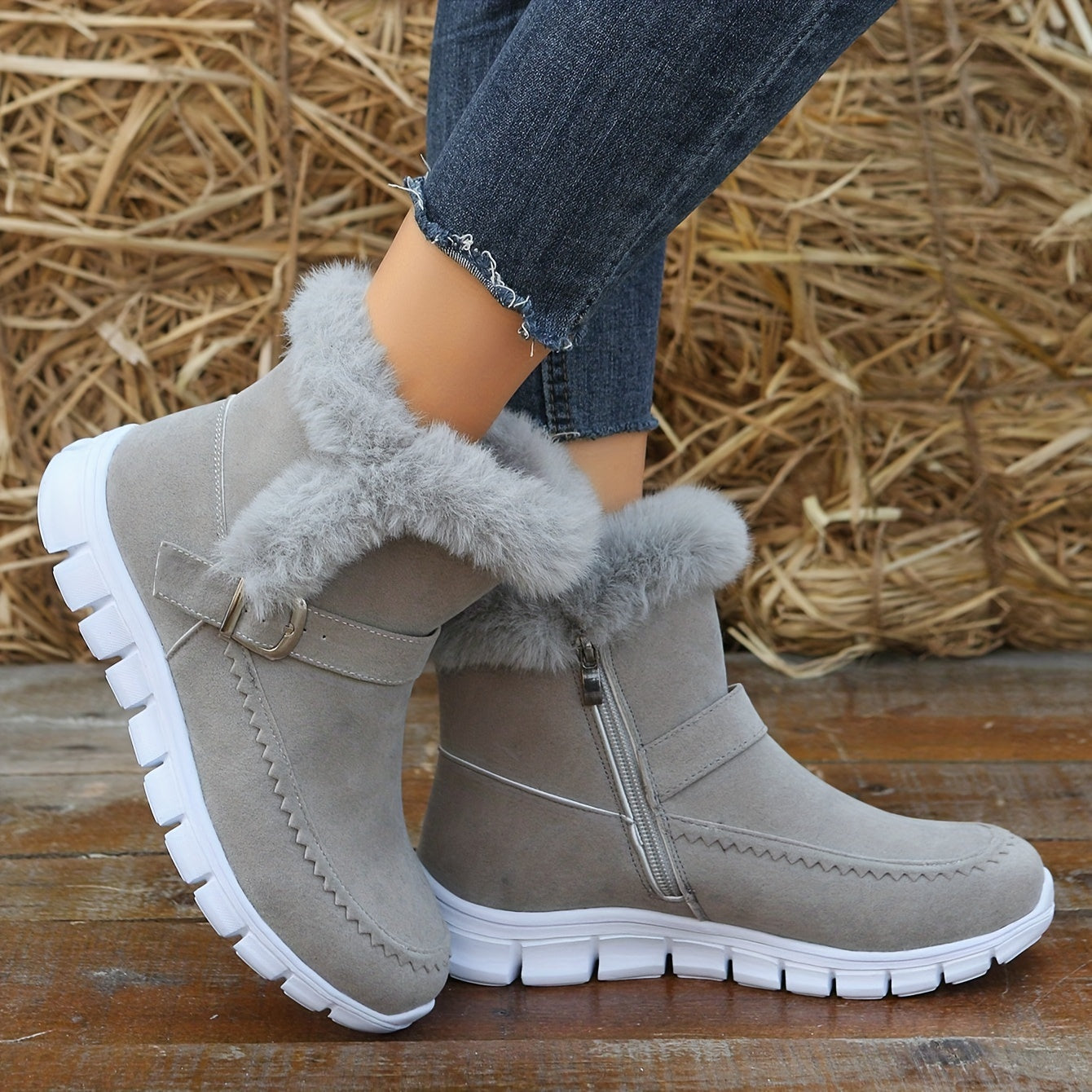 Damen Winterstiefeletten mit Kunstfellbesatz, flache Sohle, Schnallendetail