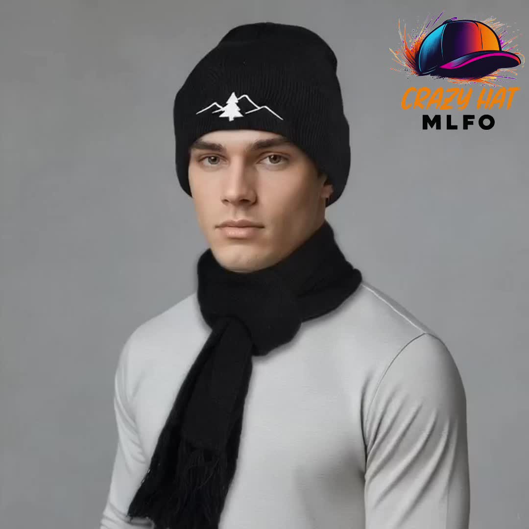Unisex Winter Set Mütze Schal Handschuhe – Gestrickt mit Bergmotiv – In verschiedenen Farben