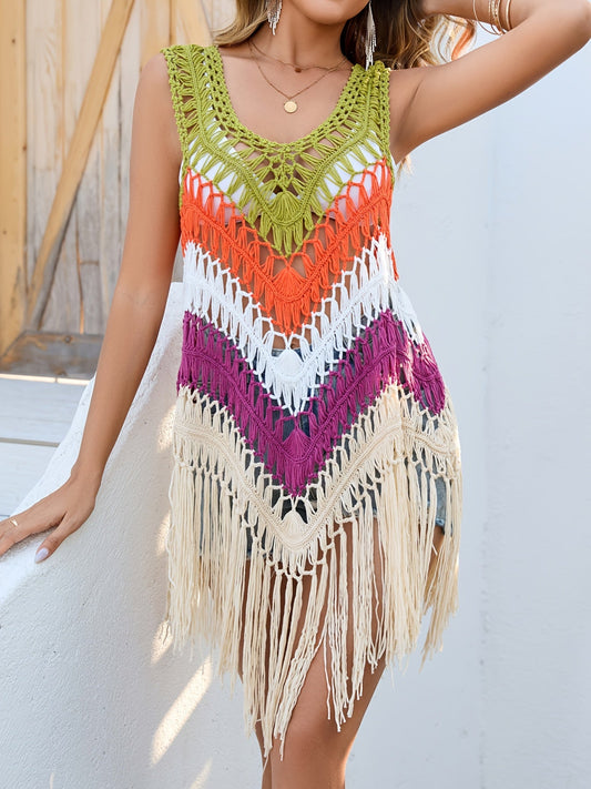 Damen Boho Strand Häkel-Überwurf mit Fransen und Chevron-Muster