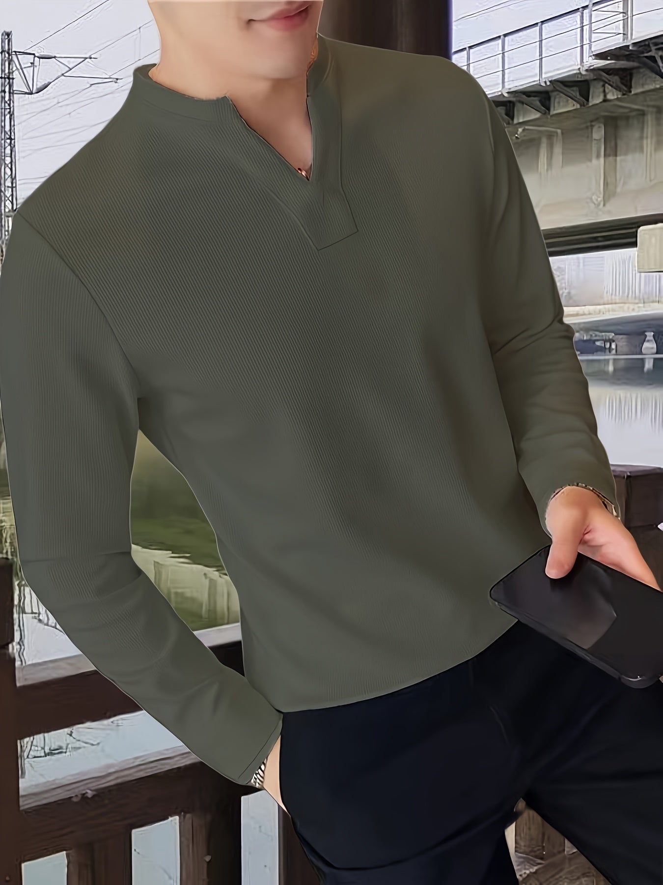 Herren Langarmshirt Henley Kragen Rippstruktur V-Ausschnitt Freizeit Business