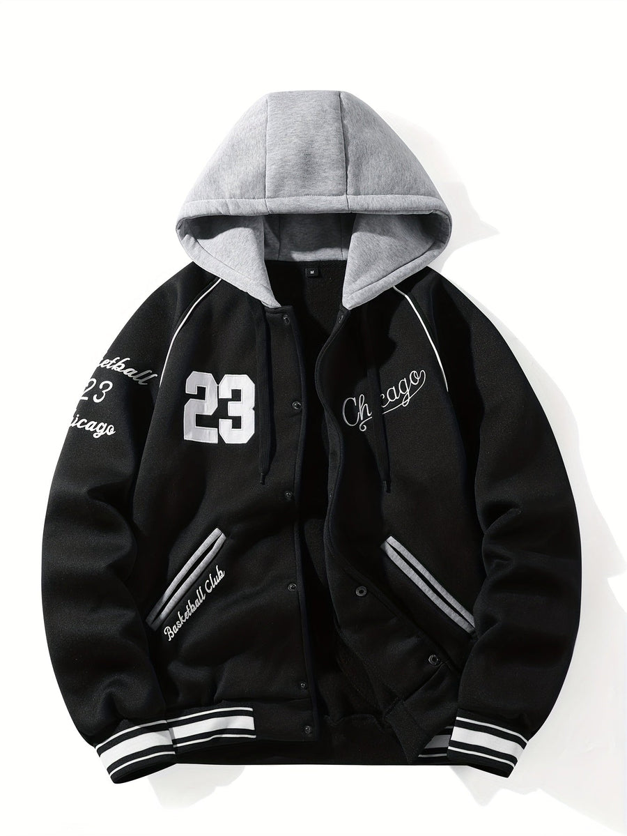 Unisex Kapuzen Sweatshirt Jacke mit Knopfleiste Varsity Style