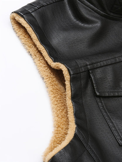 Herren Weste im Lederlook mit Teddyfutter und Reißverschluss, Multi-Taschen Design