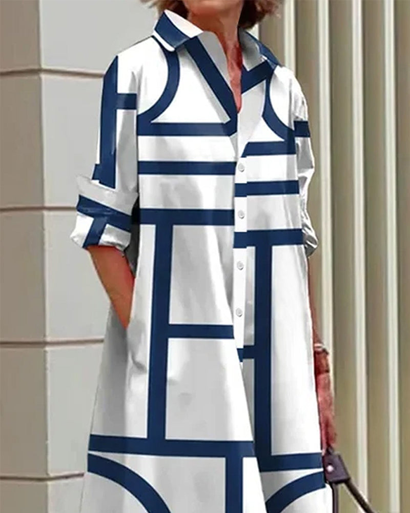 Damen Shirtkleid mit geometrischem Muster und Taschen – Lässiger, moderner Stil für Alltag und Büro
