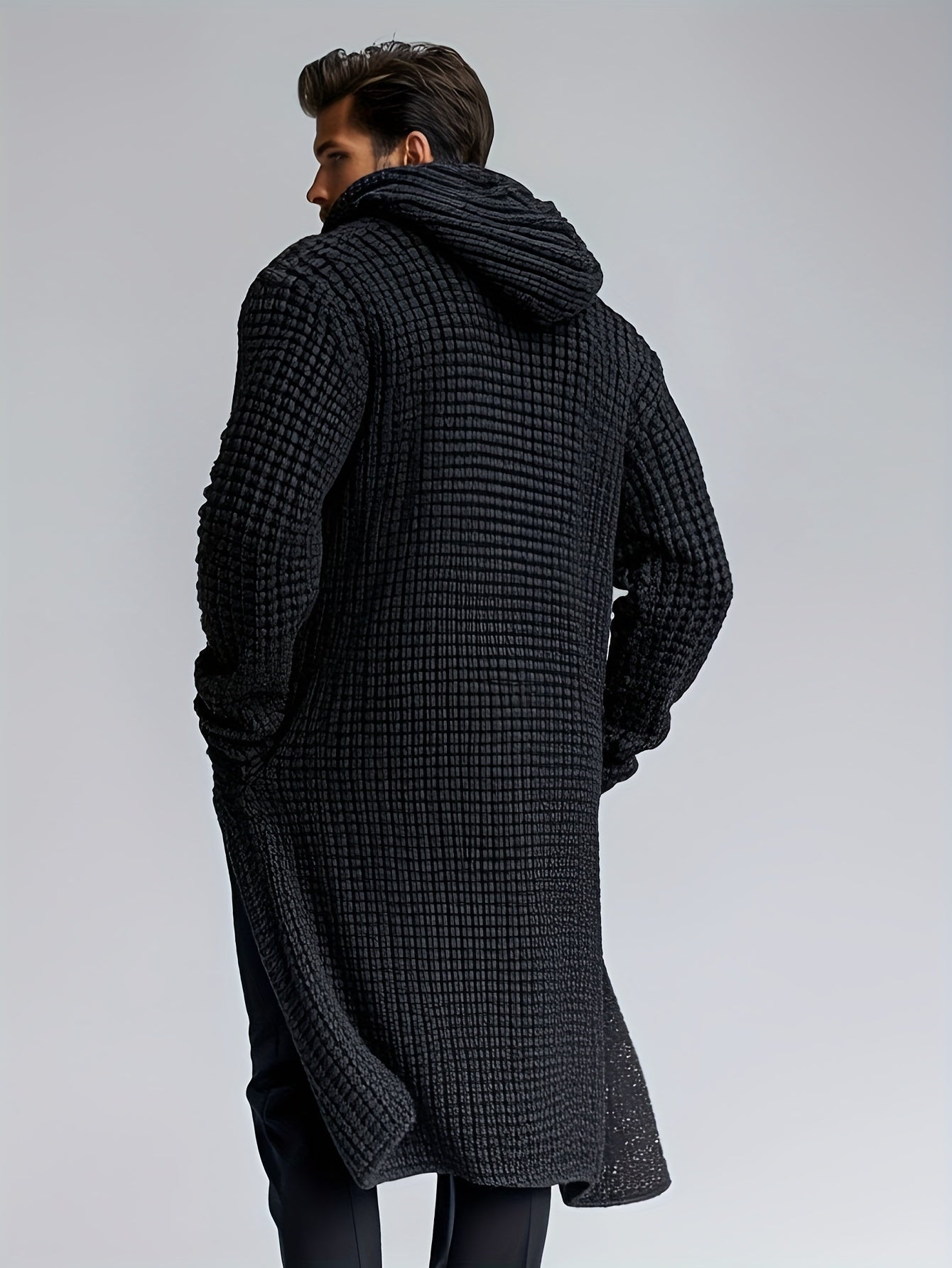 Herren Strickmantel mit Kapuze | Langer Bademantel in Waffelstruktur