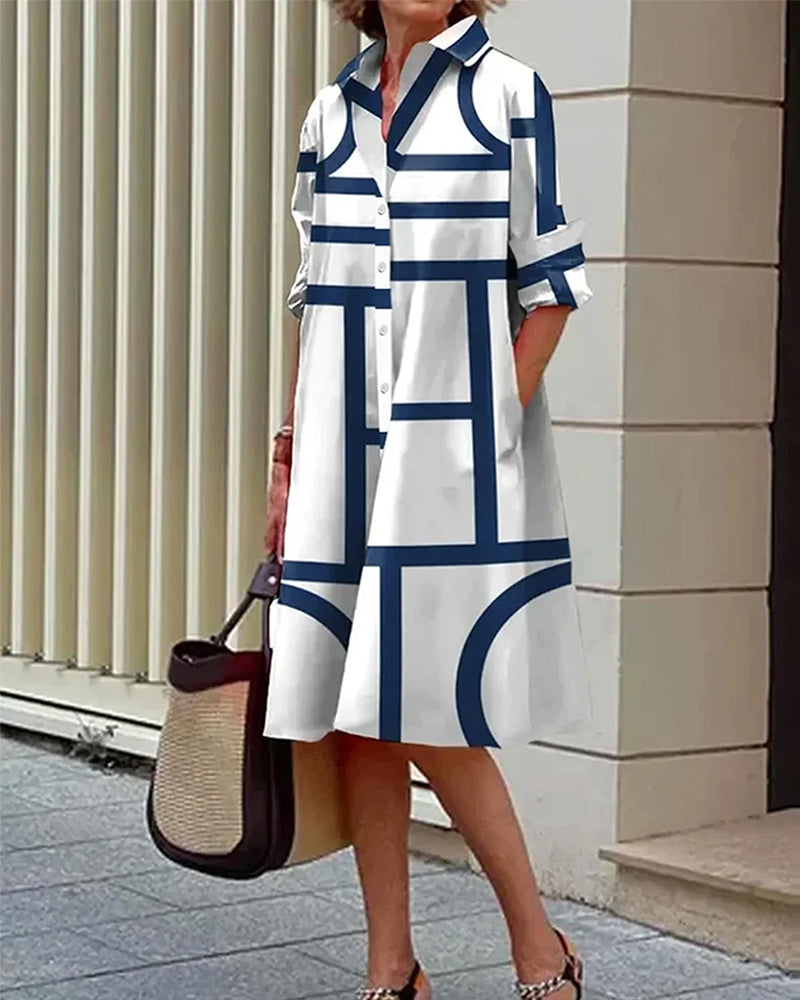 Damen Shirtkleid mit geometrischem Muster und Taschen – Lässiger, moderner Stil für Alltag und Büro