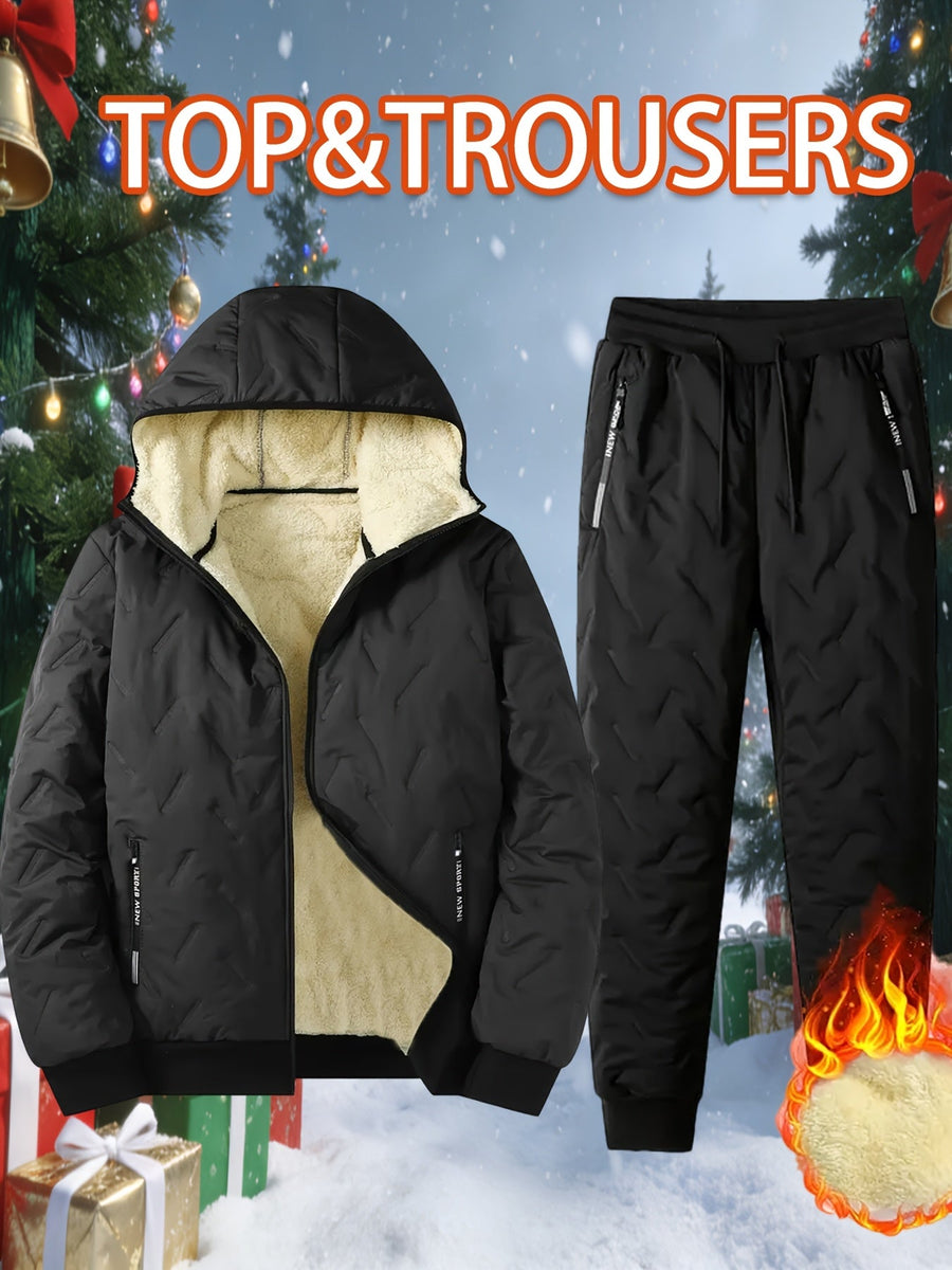 Herren Winter Thermo Anzug Gesteppt Gefütterte Jacke mit Kapuze und Hose