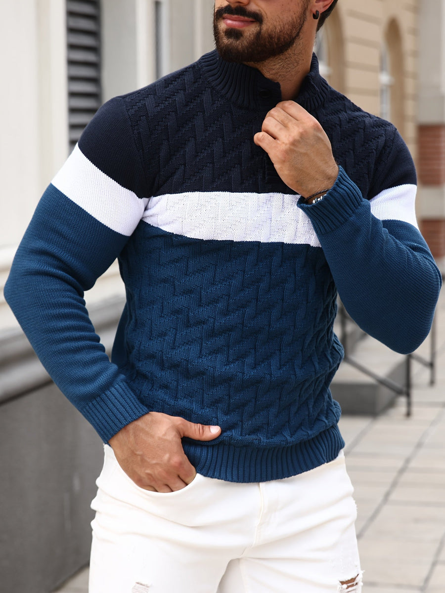 Herren Strickpullover mit Stehkragen und Knopfleiste, Farbblock Design