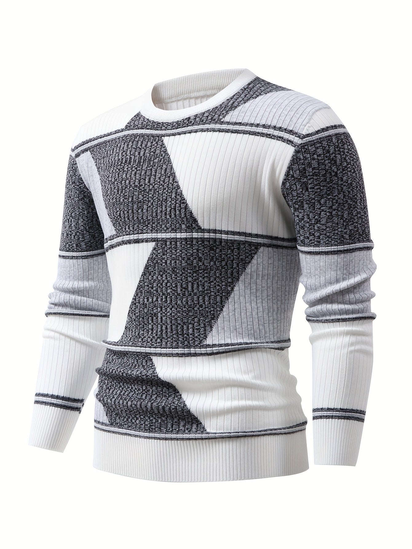 Herren Rippstrick Pullover Rundhals Langarm Modernes Design Weiß Schwarz