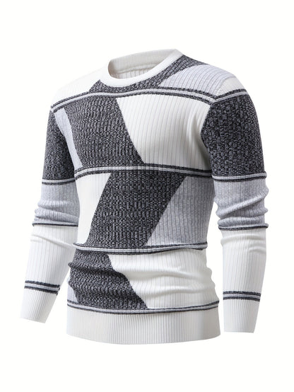 Herren Rippstrick Pullover Rundhals Langarm Modernes Design Weiß Schwarz